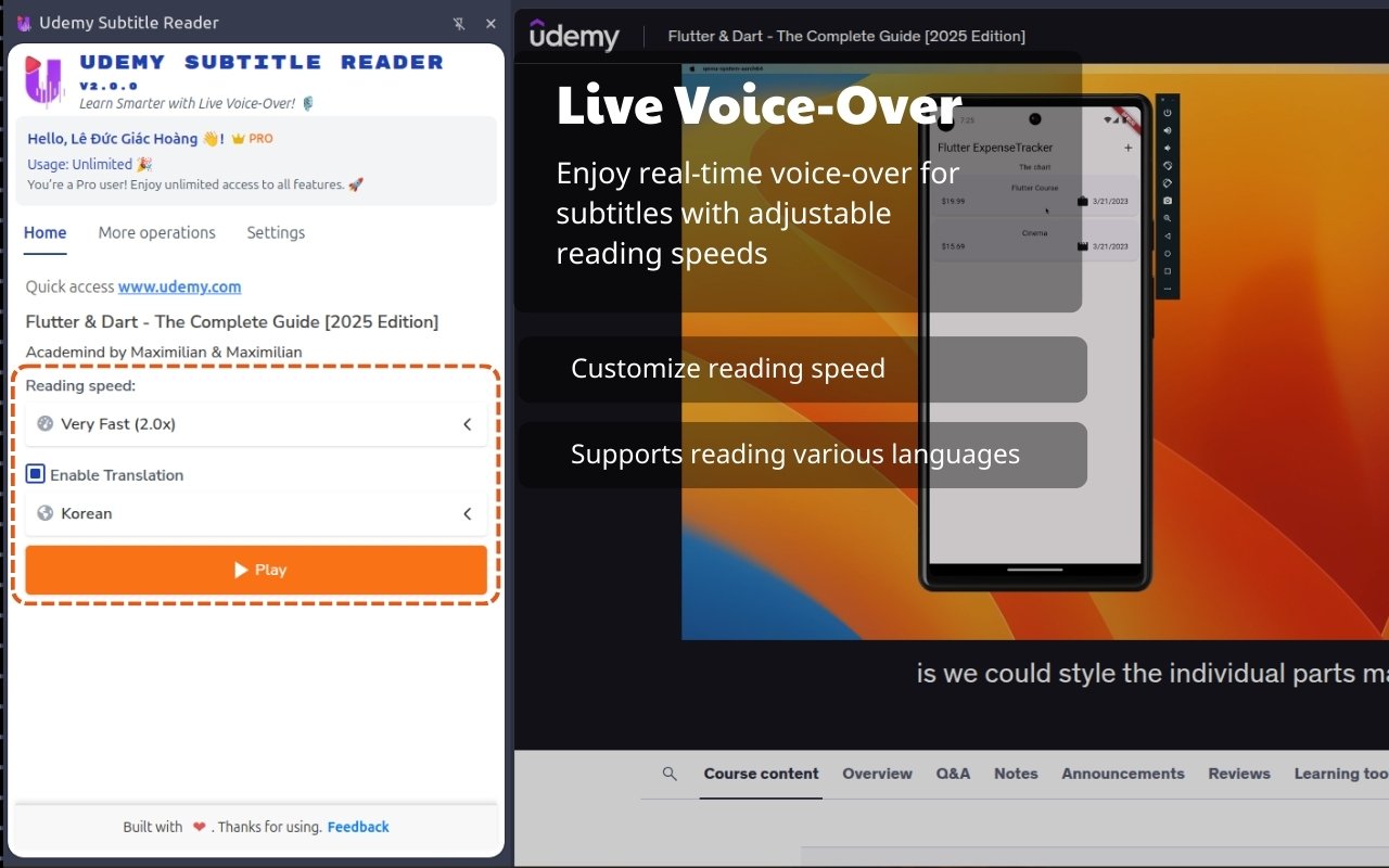 Udemy Subtitle Reader Interface Screenshot 1